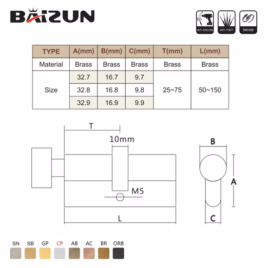 Single Open Brass Door Lock Cylinder with 3 Open Molded Keys